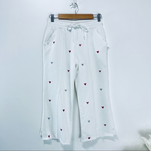525 Heart French Terry Crop Sweatpants Drawstring Waist Size Small in White - Picture 3 of 11